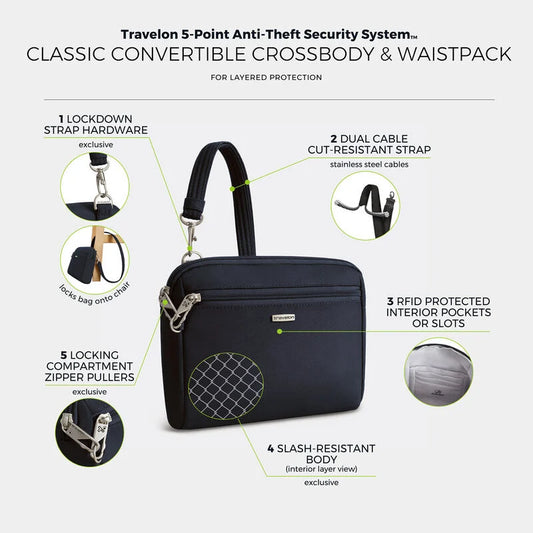 Travelon Anti-Theft Classic Convertible Crossbody and Waist Pack 43227