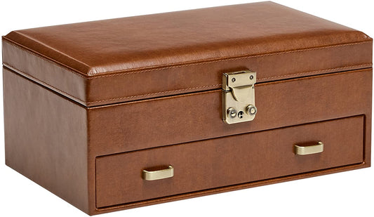 Mele & Co. Weston Locking Fashion Jewelry Box in Cognac Faux Leather