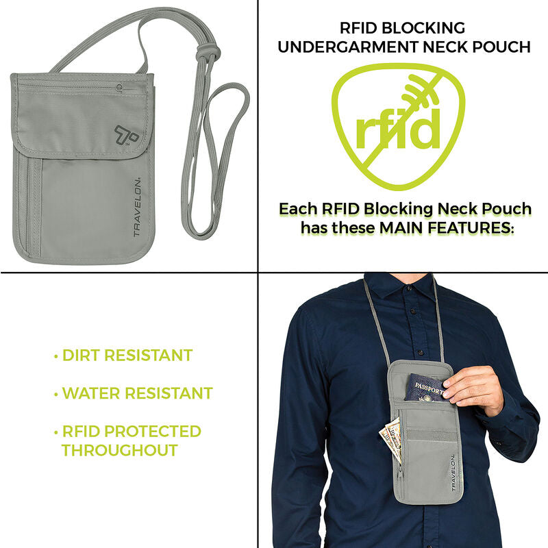 Travelon RFID Blocking Neck Pouch Grey 12998-510