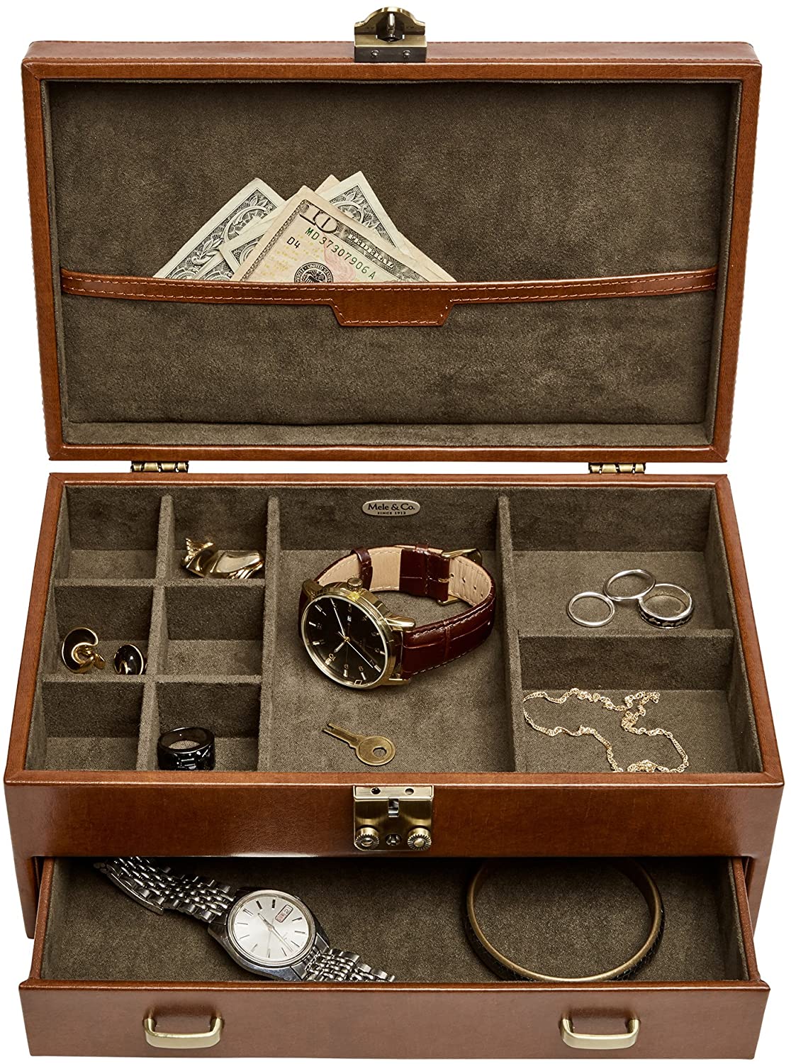 Mele & Co. Weston Locking Fashion Jewelry Box in Cognac Faux Leather